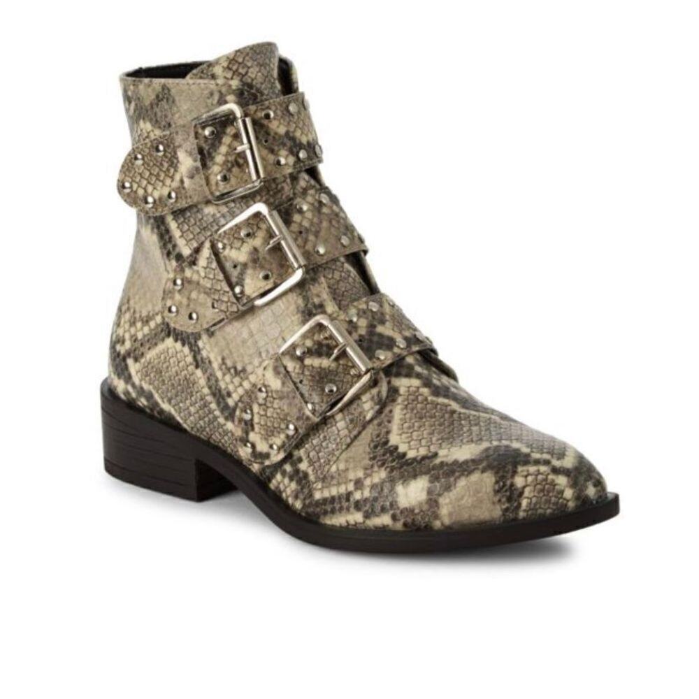 STEVEN NEW YORK Beige Snake Buckle Accent Studded Hazan‎ Almond Toe Block Heel